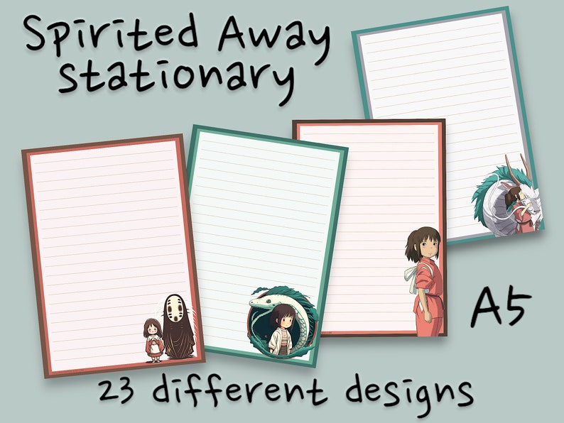 May include: Three different designs of A5 lined paper with images from the animated film Spirited Away. The designs feature No Face, Chihiro and Haku, and the dragon.