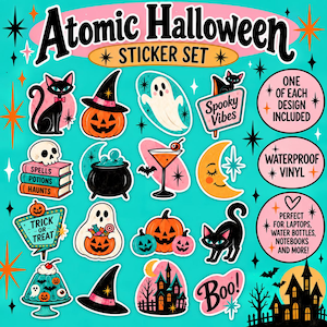 May include: A sticker set titled Atomic Halloween featuring various designs including black cats, jack-o'-lanterns, a ghost, a cauldron, a skull on books, a martini glass, a crescent moon, a haunted house, and text reading Spooky Vibes, Trick or Treat, and Boo.