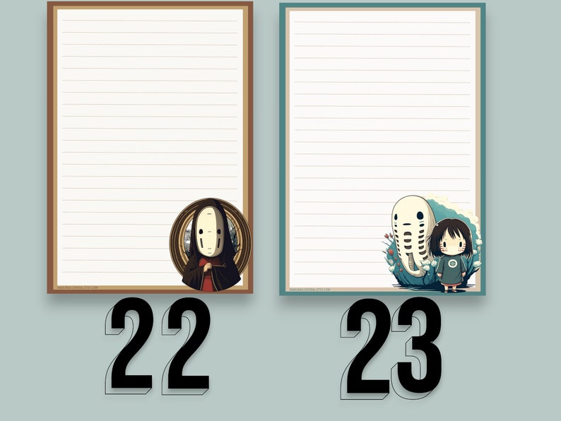 May include: Two lined paper notepads with different illustrations. The left notepad has a brown border and features a character from the movie Spirited Away. The right notepad has a blue border and features a character from the movie My Neighbor Totoro.