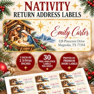 May include: Rectangular return address labels featuring a nativity scene with a man, woman, and infant in a stable. The text reads Emily Carter, 128 Pinecrest Drive, Magnolia, TX 77354. Each label measures 1 inch by 2 5/8ths inches.