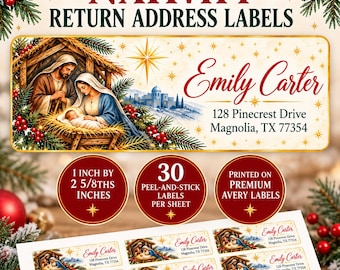 May include: Rectangular return address labels featuring a nativity scene with a man, woman, and infant in a stable. The text reads Emily Carter, 128 Pinecrest Drive, Magnolia, TX 77354. Each label measures 1 inch by 2 5/8ths inches.