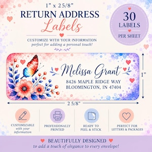 May include: A rectangular return address label measuring 1 inch by 2 5/8 inches. The design features a colorful butterfly, floral elements, and small hearts on a watercolor background. The text reads Melissa Grant, 8426 Maple Ridge Way, Bloomington, IN 47404.