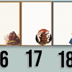 May include: Three lined paper sheets with different illustrations. The first sheet has a white ghost and a red and brown building on a green hill. The second sheet has a red and white building with a red sun and a white ghost. The third sheet has a woman with white hair wearing a blue dress and a white hat.