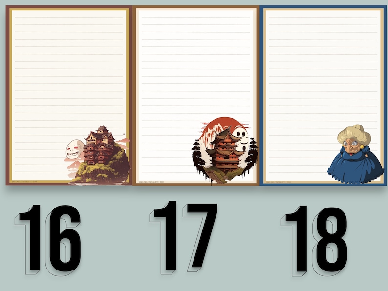 May include: Three lined paper sheets with different illustrations. The first sheet has a white ghost and a red and brown building on a green hill. The second sheet has a red and white building with a red sun and a white ghost. The third sheet has a woman with white hair wearing a blue dress and a white hat.