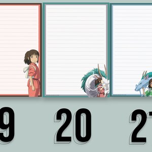 May include: Three lined paper stationery sheets with different illustrations from the animated film Spirited Away. The first sheet features Chihiro, the second sheet features No Face, and the third sheet features Haku.