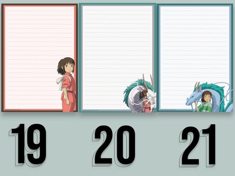 May include: Three lined paper stationery sheets with different illustrations from the animated film Spirited Away. The first sheet features Chihiro, the second sheet features No Face, and the third sheet features Haku.