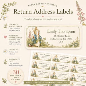 May include: Rectangular return address labels featuring a Peter Rabbit illustration, green foliage, and carrots. The text reads Emily Thompson, 123 Meadow Lane, Willowbrook, PA 19047, USA. The sheet contains 30 peel and stick labels on matte paper.
