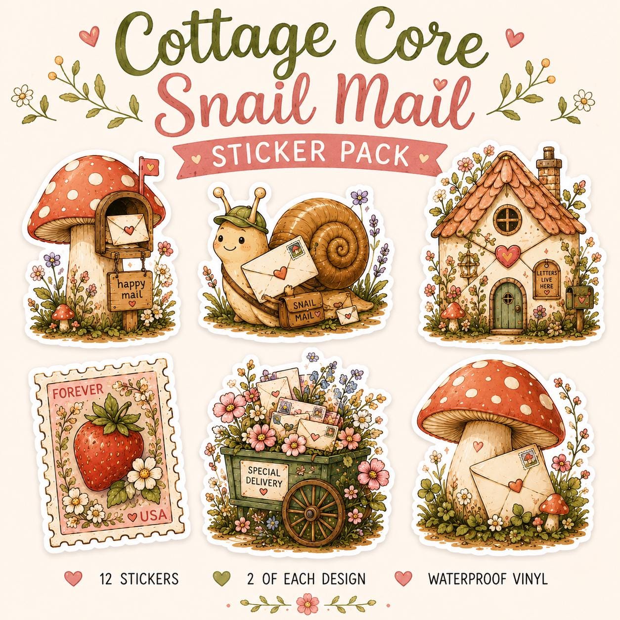 Cottage Core Snail Mail Stickers - Set of 12 - Etsy