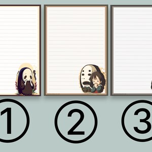 May include: Three lined paper stationery sheets with brown frames. Each sheet features a different illustration of a character from the animated film Spirited Away. The first sheet features a character with a white mask and a black robe. The second sheet features a character with a white mask and a young girl. The third sheet features a character with a white mask and a black robe.