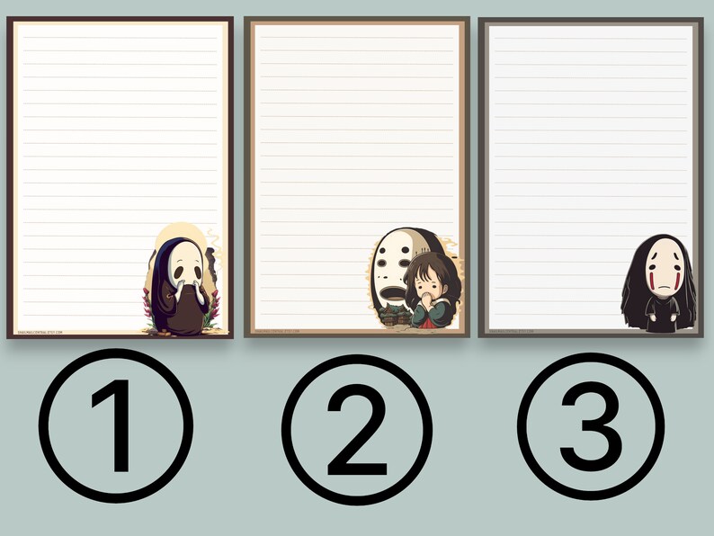May include: Three lined paper stationery sheets with brown frames. Each sheet features a different illustration of a character from the animated film Spirited Away. The first sheet features a character with a white mask and a black robe. The second sheet features a character with a white mask and a young girl. The third sheet features a character with a white mask and a black robe.