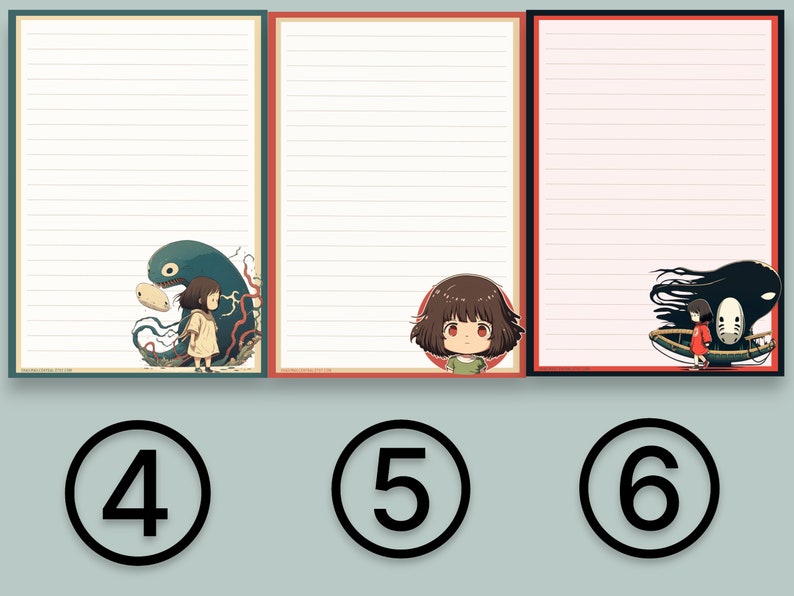 May include: Three lined paper sheets with different illustrations from the animated film Spirited Away. The first sheet features a blue spirit with a girl standing next to it. The second sheet features a girl with brown hair and a red dress. The third sheet features a black spirit with a girl standing next to it.