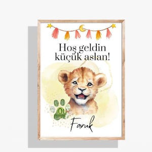 Regalo de dinero personalizable al estilo Galatasaray, foto de bebé con huellas y cachorro de león: tarjeta de dinero original para regalo de nacimiento.