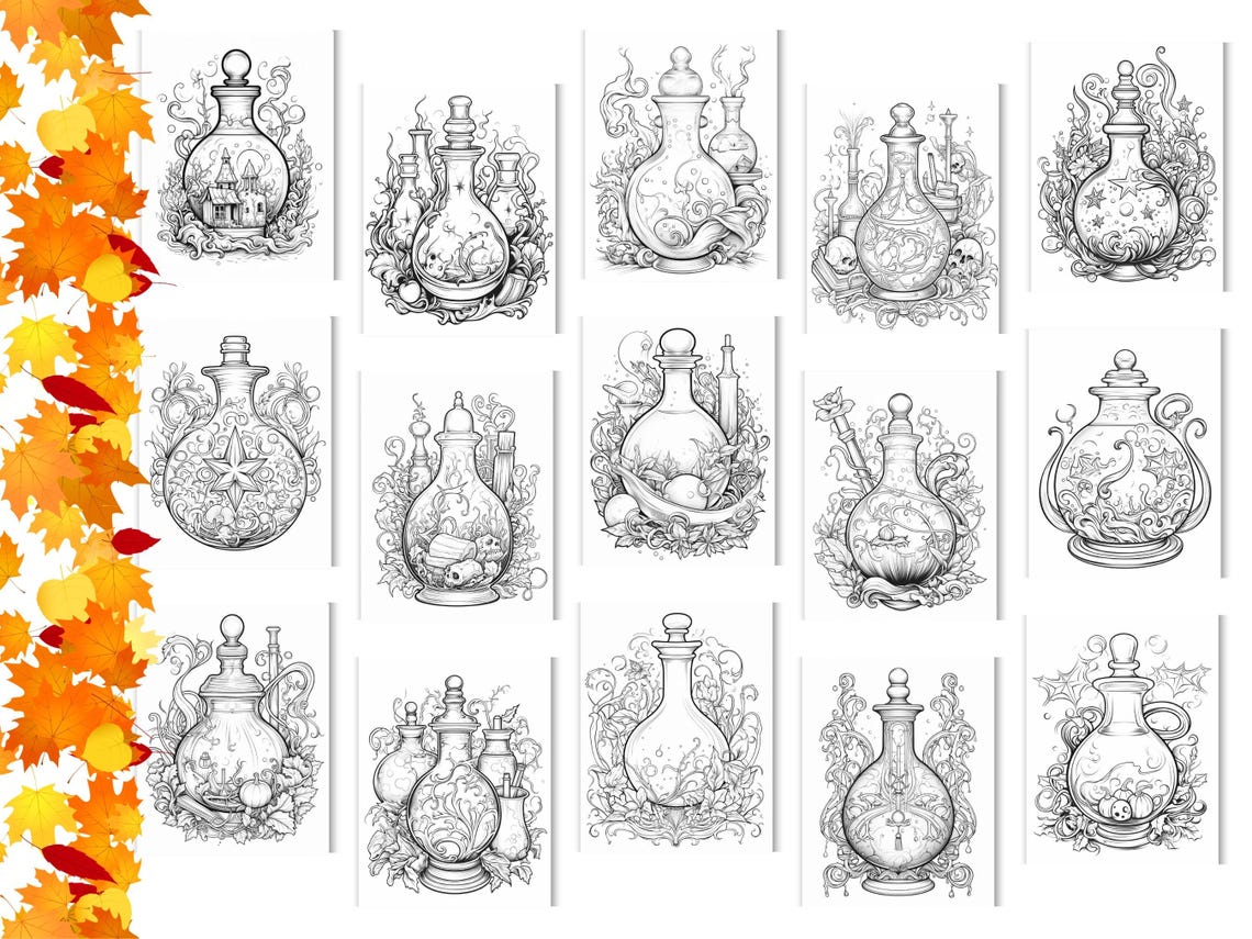 Magic Potion Bottles Coloring Pages: 30 Printable Art Therapy Sheets ...