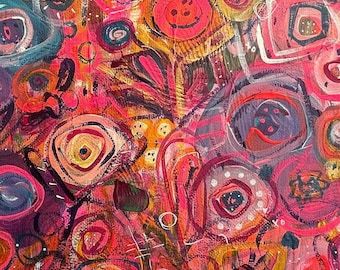 Original Gemälde von Flora und Fauna: "Color Me Blushed" - Verträumte Nuancen von Pink, Pfirsich, Himbeere und tiefem Blau."