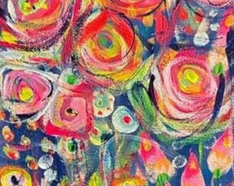 Original Gemälde von Flora und Fauna: ""Awakening"" - Poppige Farbe in den Farben Pink, Blau, Grün und Gelb."