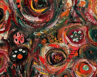 "Original Abstraktes Bild: ""Intoxicated"" - Tief in den Wäldern aus Flora und Fauna mit satten Grün-, Rot- und Orangetönen und einem Hauch von Gold."