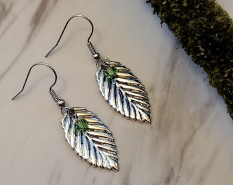 Metallic Leaf Earring With Green Glass Crystal