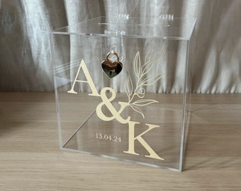 Urna de boda personalizada, gatito de boda de cristal de plexiglás de madera, vendido con sobres de caja de tarjetas con cierre de candado
