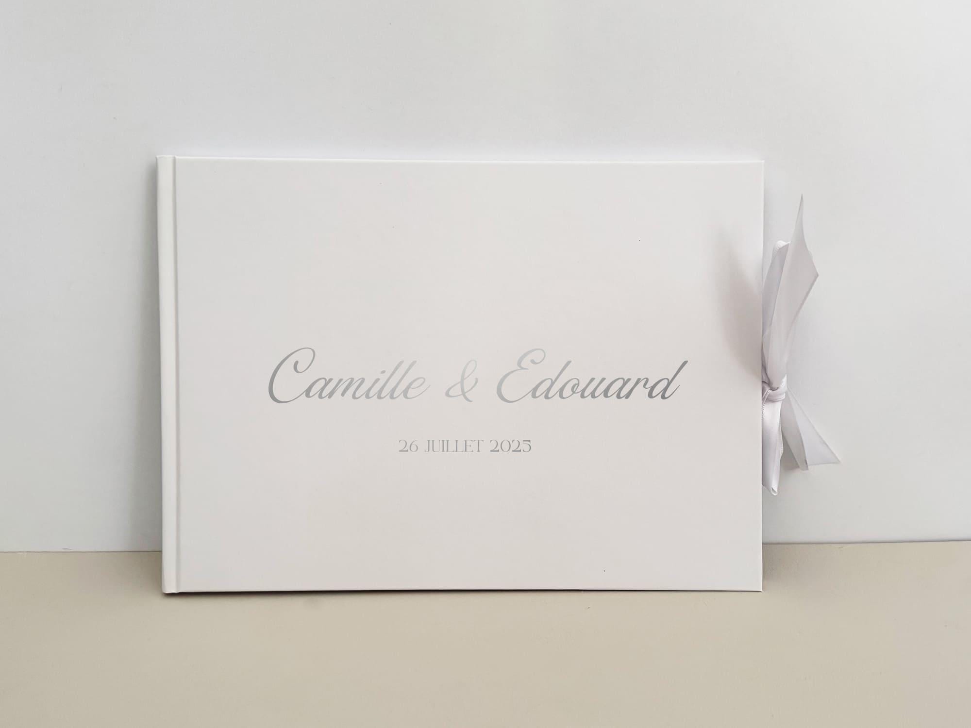 Livre d’or mariage rigide blanc avec ruban personnalisable
