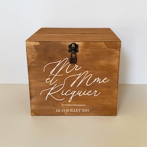 Urne de mariage en bois noyer personnalisée – Style bohème & champêtre – Cadenas – Fente enveloppes – Sticker au choix - Boite cagnotte