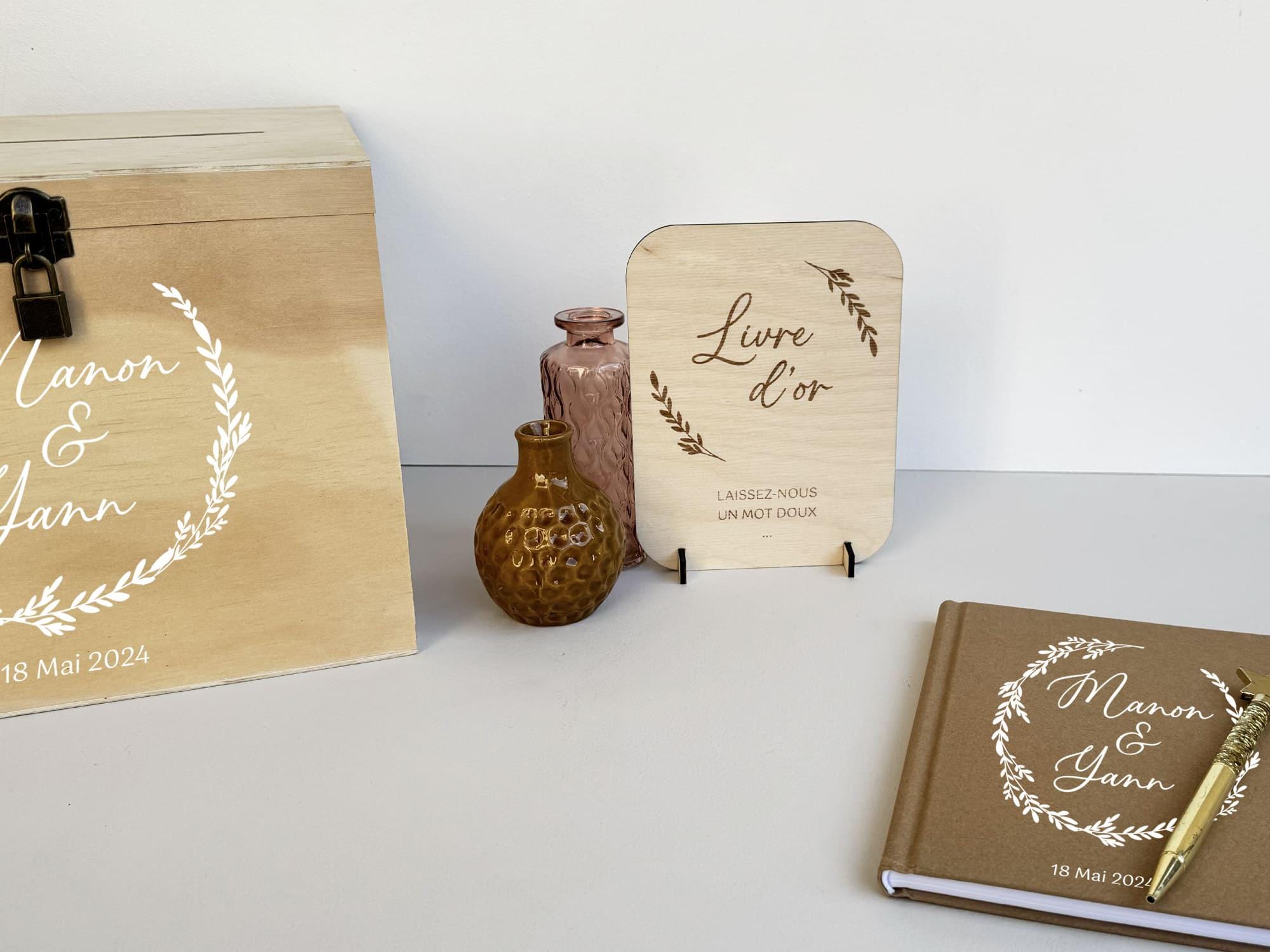 Pack mariage souvenirs : Urne, Livre d’Or et Pancarte Personnalisés