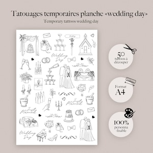 Peut inclure: Une planche de tatouages temporaires avec des illustrations sur le thème du mariage en noir et blanc. Les motifs comprennent des gâteaux de mariage, des coupes de champagne, une église et les mots "Wedding Day" et "Just Married". La planche est au format A4 et contient 50 tatouages.