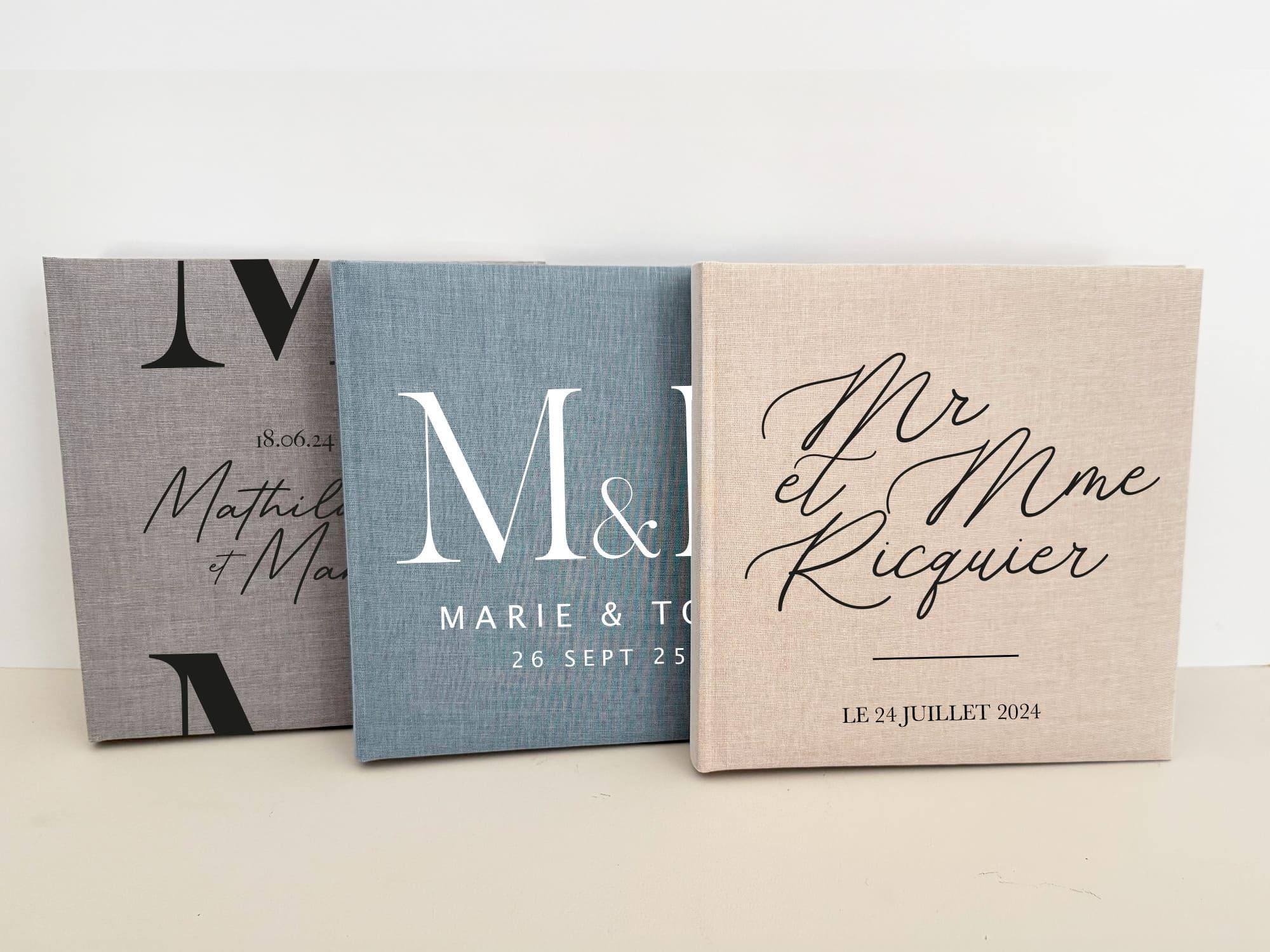 Livre d’or mariage en tissu personnalisable 25×25 cm – Beige, gris, bleu