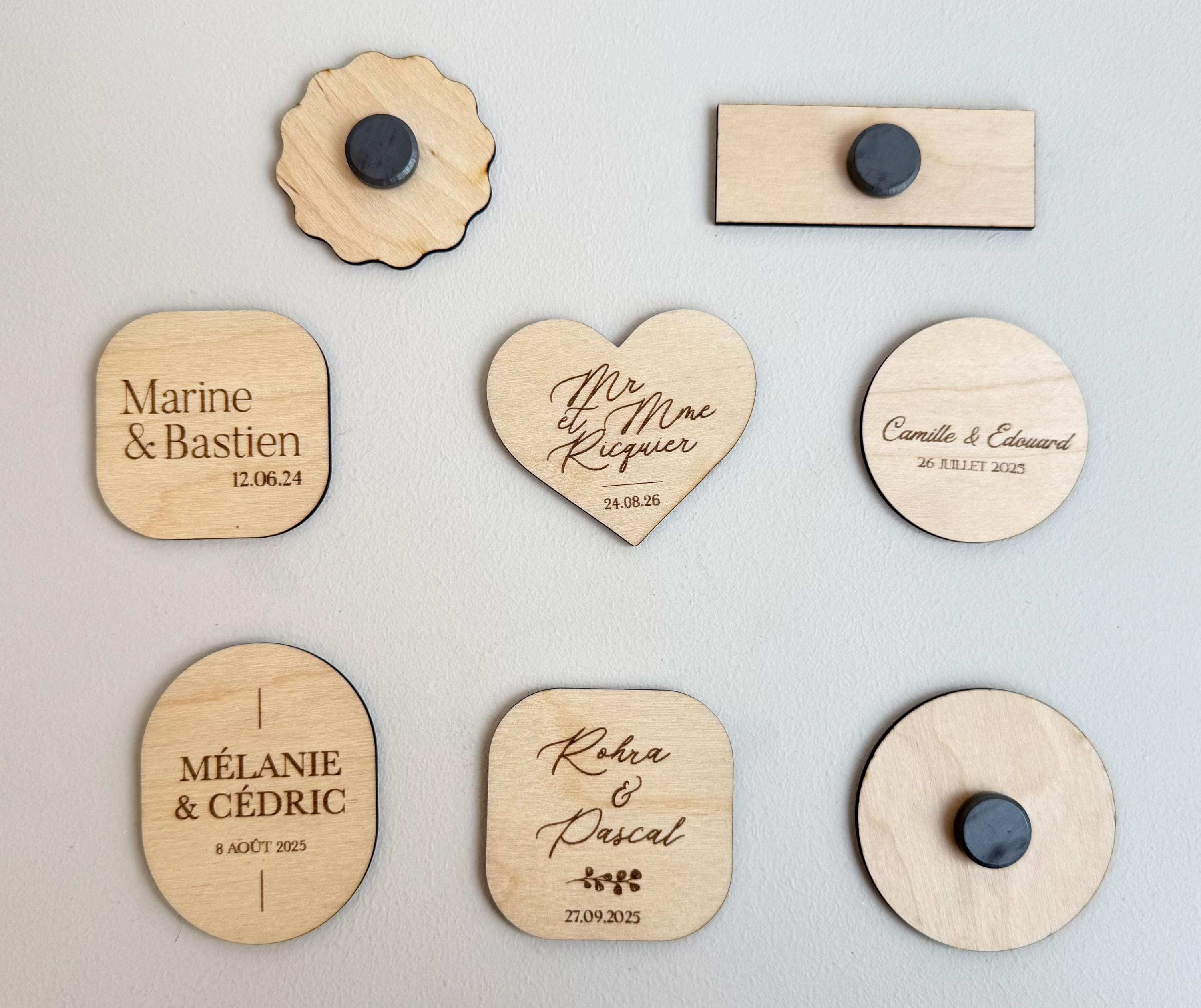 Magnets en bois personnalisés pour mariage – forme au choix