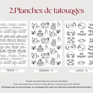 Planches de tatouages personnalisés à choisir pour votre mariage. Plusieurs logos, design, illustration, styles disponibles sur mesure. Création unique. Ideal en animation et en cadeau pour vos invités.