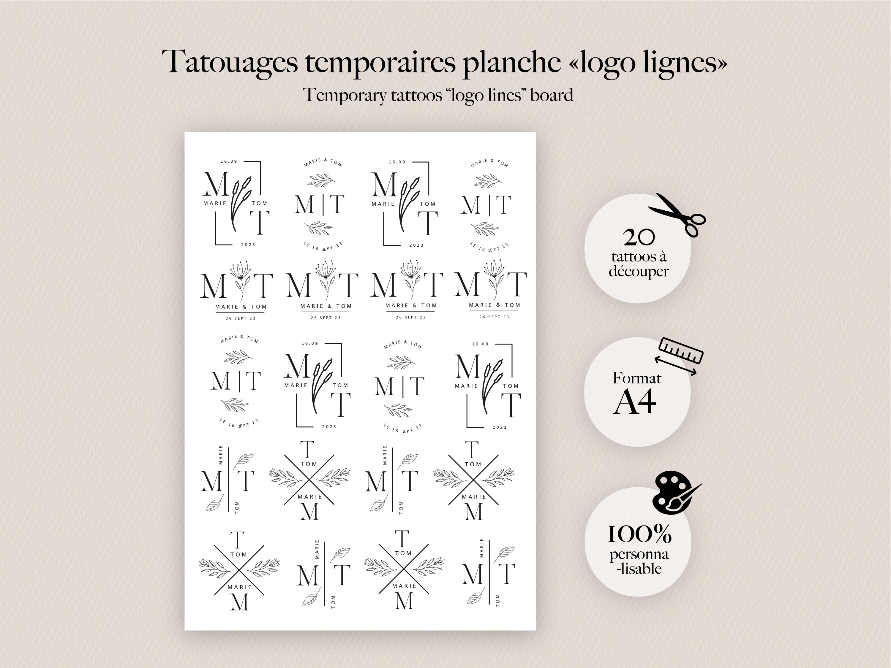 Tatouages éphémères mariage logo minimaliste personnalisés