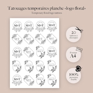 Peut inclure: Une feuille de 20 tatouages temporaires avec un design de logo floral avec les initiales "M&T". La feuille est formatée pour du papier A4 et est 100% personnalisable.