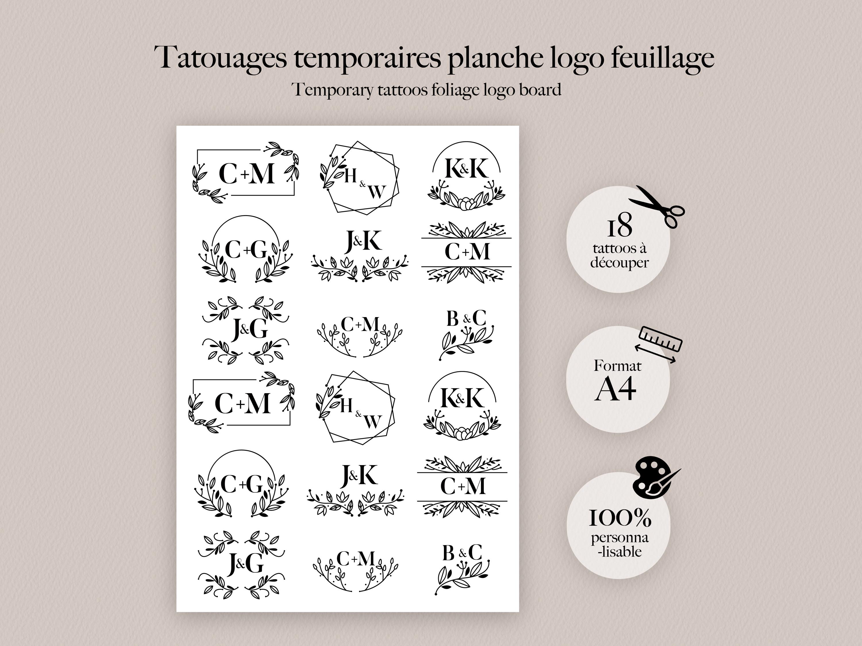 Tatouage éphémère mariage éco-responsable – Initiales et feuillage