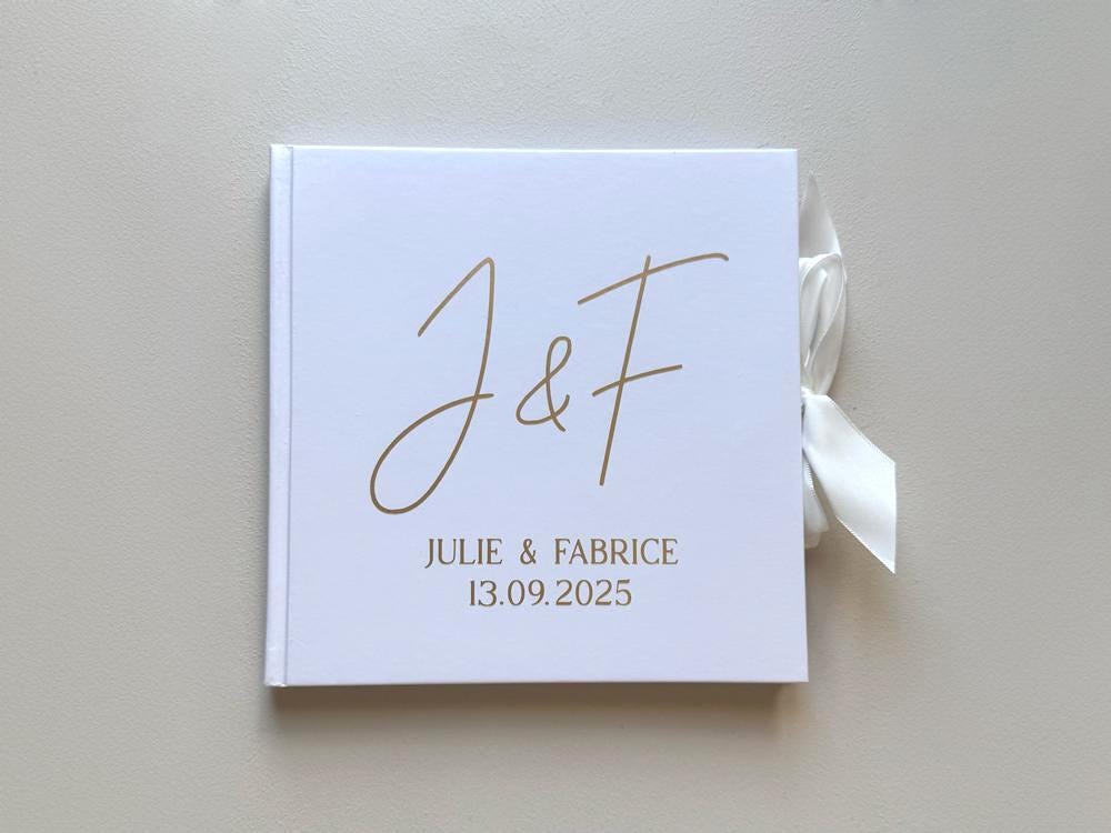 Livre d’or mariage personnalisé blanc 20×20 cm avec ruban