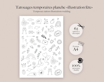 Assorted illustrated temporary tattoos – Fun little designs for weddings – Hearts, rainbows, stars…