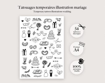 Illustrated temporary wedding tattoos – Fun and personalized temporary designs for guests, photobooth animation - couple drawing illustration