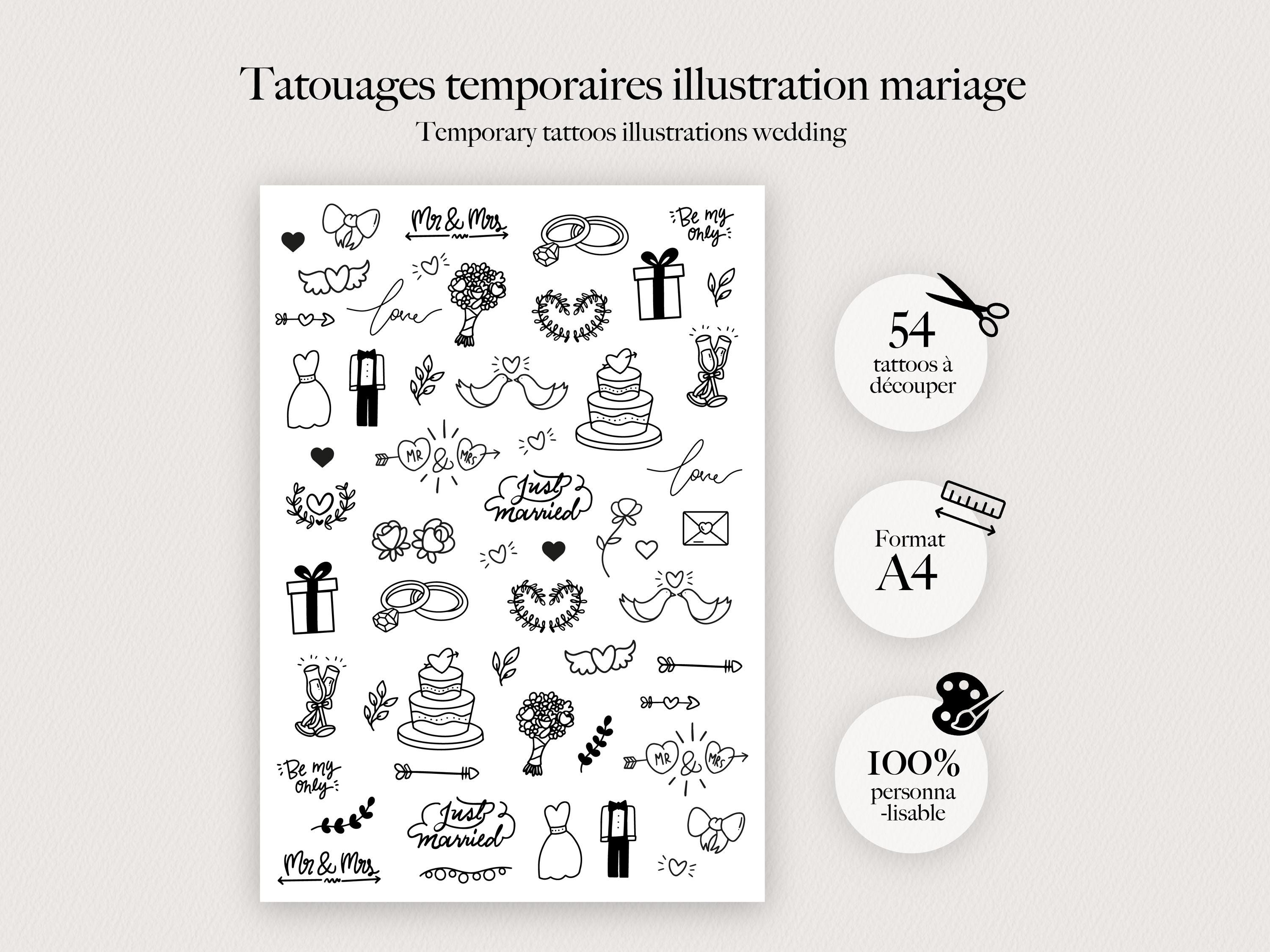 Tatouages temporaires mariage personnalisés pour invités et photobooth
