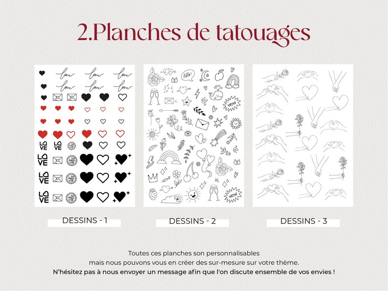 Planches de tatouages personnalisés à choisir pour votre mariage. Plusieurs logos, design, illustration, styles disponibles sur mesure. Création unique. Ideal en animation et en cadeau pour vos invités.