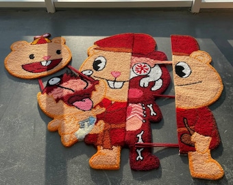 Happy tree friends rug, custom skeleton carpet, handmade tufted custom rug, moving parts rug, fiber art, living room decor