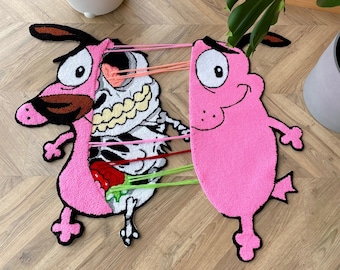 Courage the cowardly dog rug, skeleton rug, handmade tufted custom rug, moving parts rug, rug tufting, courage dog