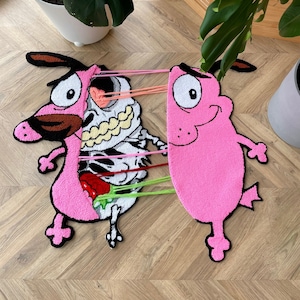 Courage the cowardly dog rug, skeleton rug, handmade tufted custom rug, moving parts rug, rug tufting, courage dog