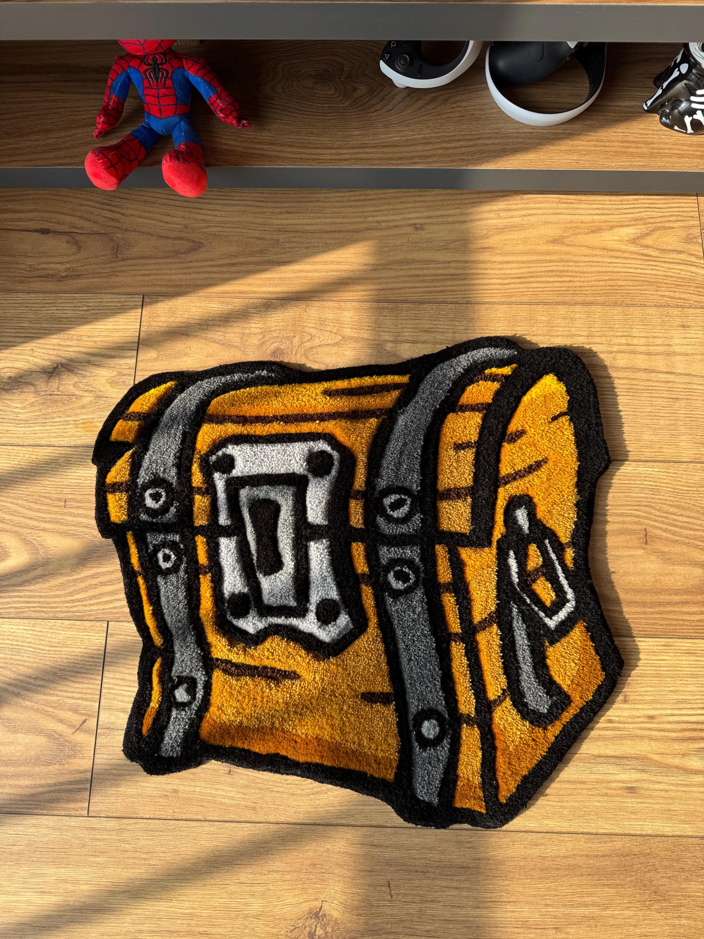 Funny game rug in shape of chest with loot, battle royale chest carpet, wool handmade rug