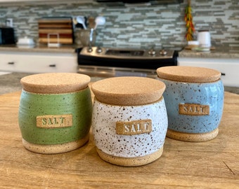 Ceramic Salt Cellar with Cork Lid, Pottery Salt Container with lid, Salt Jar with Cork lid, Salt Pig with lid, Handmade Pottery for Kitchen