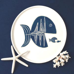 Ceramic Fish Plate, Sgraffito Pottery, Large Serving Dish, Blue and White Coastal Wall Decor