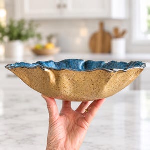Large Handmade Pottery Fruit Bowl, Blue Ceramic Serving Bowl, Stoneware Table Centerpiece