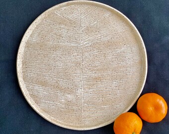 Ceramic Decorative Display Platter, Hand Carved Plate, Handmade Pottery Plate, Rustic Pottery Platter, Sgraffito Plate, White Neutral plate