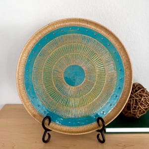 Ceramic Serving Platter, Decorative Display Plate, Blue Pottery Platter, Charcuterie Plate, Southwest Style Platter, Sgraffito Ceramic Plate