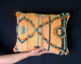 Vintage Moroccan pillow, handmade cushions, natural wool pillow, Orange pillow,