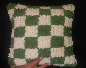 Moroccan checkered pillow, green handmade pillow, modern cushions, 100% wool pillows, ottaman pillows.