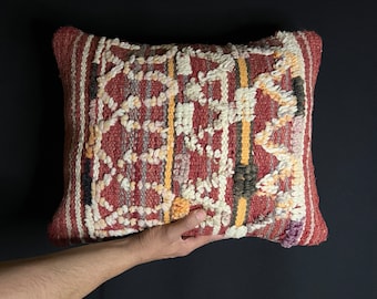 Vintage Moroccan pillow, handmade cushions, natural wool pillow, vintage red pillow,