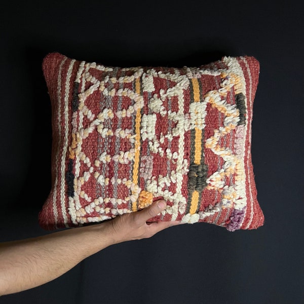 Vintage Moroccan pillow, handmade cushions, natural wool pillow, vintage red pillow,